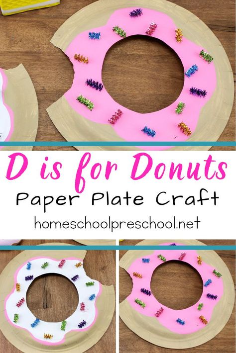 This simple donut paper plate craft for kids is so cute! Add it to your food, letter D, or donut book-based preschool activities. #letterdactivities #preschooldonutcraft #preschoolpaperplatecraft #homeschoolprek D Art For Preschool, Paper Plate Donut Craft, Food Crafts For Kindergarten, Letter D Crafts For Kindergarten, Donut Crafts For Toddlers, D Crafts For Toddlers, Letter D Crafts For Preschool, Donut Activities For Preschool, Letter D Activities For Toddlers