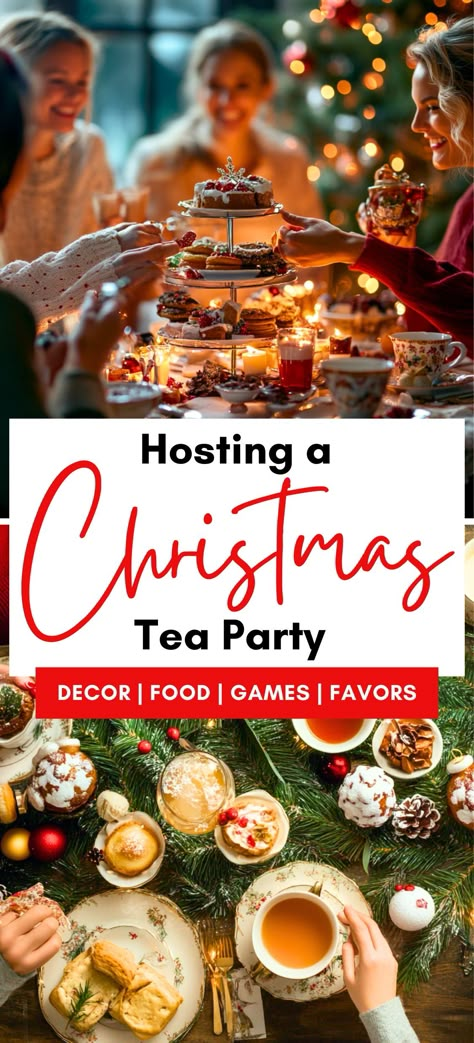 Tea Party For Two People, Afternoon Tea Christmas, Holiday Tea Party Food, Festive Afternoon Tea Ideas, Yule Tea Party, Tea Party Set Up Table, Christmas Tea Party Games, Christmas Tea Menu Ideas, Soup Exchange Party