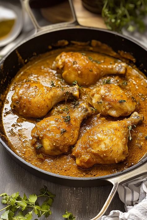 Indulge in the rich, savory flavors of this classic Southern Smothered Chicken. Perfectly seasoned chicken thighs are simmered in a creamy, flavorful gravy that captures the heart of Southern cooking. A cozy meal that's as comforting as it is delicious! Craving something new? Get the recipe here #southerncooking #smotheredchicken #comfortfood #homemadegravy #southernrecipes #chickenrecipes #dinnerideas #soulfood #easymeals #heartyrecipes Southern Style Meals, Smothered Chicken Drumsticks, Comfort Chicken Recipes, Cajun Smothered Chicken, Smothered Chicken Wings, Smothered Recipes, Southern Smothered Chicken, Seasoned Chicken Thighs, Chicken Quarter Recipes