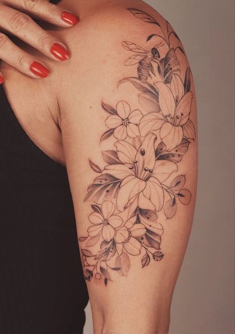 Birth Flower Tattoos Upper Arm, Lily Tattoo Upper Arm, Lily Flower Tattoos Sleeve, Lily Tattoo Shoulder, Lily Shoulder Tattoo, Patient Tattoo, Pet Portrait Tattoos, Lilac Tattoo, Lillies Tattoo