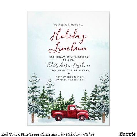 Red Truck Pine Trees Christmas Holiday Luncheon Invitation Pine Trees Christmas, Holiday Open House Invitations, Holiday Luncheon, Luncheon Invitation, Tree Invitation, Christmas Cocktail Party, Cocktail Party Invitation, Red Truck Christmas, Holiday Stationery