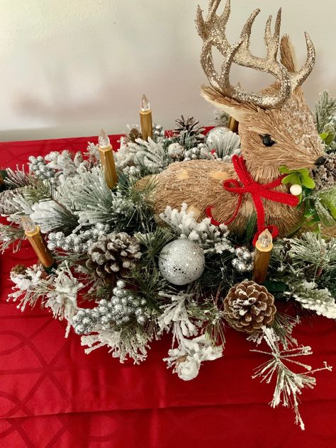 Reindeer Centerpieces, Sleigh And Reindeer, Battery Powered Candles, Wooded Area, Centerpiece Christmas, Cone Trees, Help The Poor, Large Centerpiece, Working Overtime