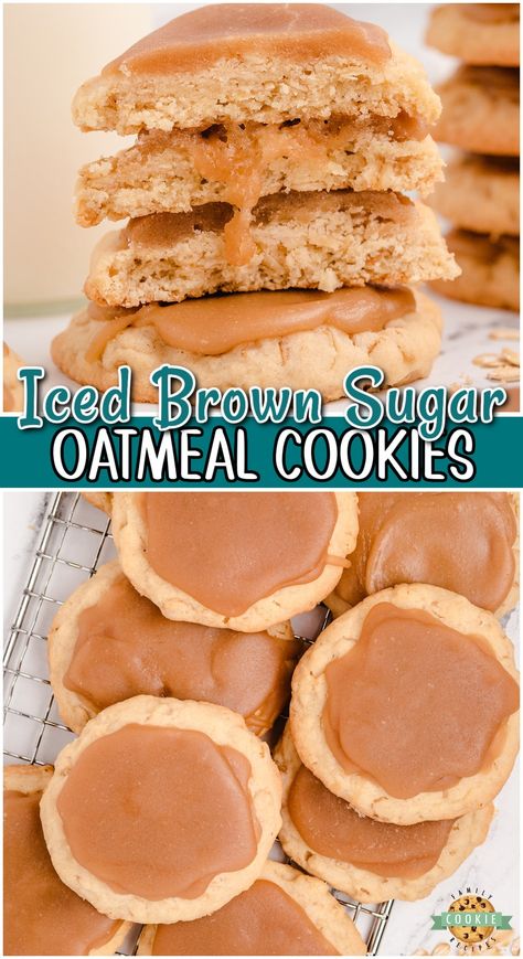 BROWN SUGAR OATMEAL COOKIES - Family Cookie Recipes Brown Sugar Oatmeal Cookies, Brown Sugar Icing, Brownie Balls, Brown Sugar Oatmeal, Iced Oatmeal Cookies, Alternative Sweeteners, Oatmeal Cream Pies, Brown Sugar Cookies, Chewy Cookies