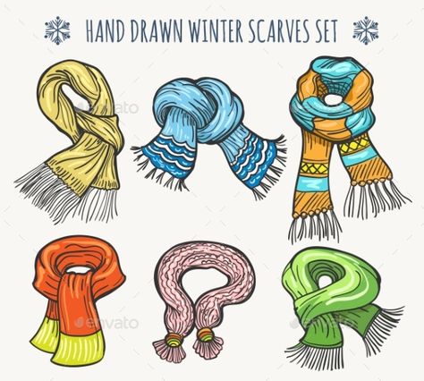 Christmas Scarf Drawing, Scarf Illustration Drawings, How To Draw A Scarf, Scarf Reference Drawing, Scarves Drawing, Scarf Drawing Reference, Scarf Doodle, Scarf Tattoo, Scarf Sketch