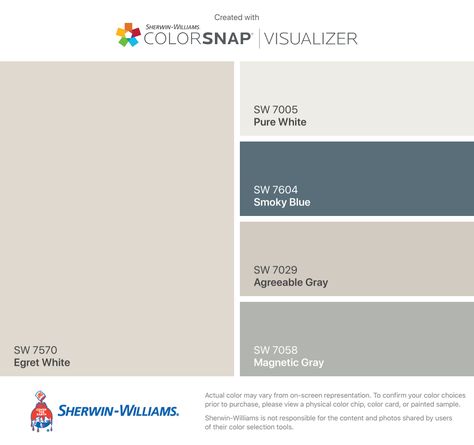 Interior Paint: Walls/Ceiling- SW7570 Egret White, Trim- SW7005 Pure White, Foyer/Great Room Niche- SW7604 Smoky Blue, Master Suite/Bed 2/Bed 3- SW7029 Agreeable Gray, Den- SW7058 Magnetic Gray Sw Pure White Palette, Greek Villa Sherwin Williams Palette, Sea Salt And Naval Sherwin Williams, Sea Mariner Sherwin Williams, Sw Naval Paint Color Palettes, Pure White Color Palette, Agreeable Gray Color Scheme, Sw Greek Villa, Agreeable Grey Color Scheme