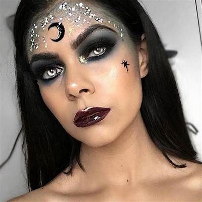 halloween makeup witch - Halloween Pretty Witch Costume Makeup, Sparkly Witch Makeup, Sorceress Costume Makeup, Star Witch Makeup, Moon Face Makeup, Black Witch Makeup Halloween, Glitter Witch Makeup, Lunar Witch Makeup, Moon Goddess Makeup Halloween