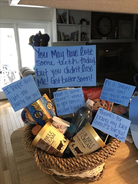 I made this for my boyfriend, and surprised him after he had his wisdom teeth removed. It's full of ice cream, yogurt, mac and cheese, water, Gatorade, a blanket, pajama bottoms, and cookies (to eat after he recovers). Soft Snacks For Wisdom Teeth, Wisdom Teeth Foods, Surgery Gift Basket Recovery For Men, Care Package For Wisdom Teeth Removal, Wisdom Teeth Gift Basket, Wisdom Teeth Removal Care Package, Braces Gift Basket, Wisdom Teeth Basket Care Packages, Wisdom Teeth Recovery Gifts