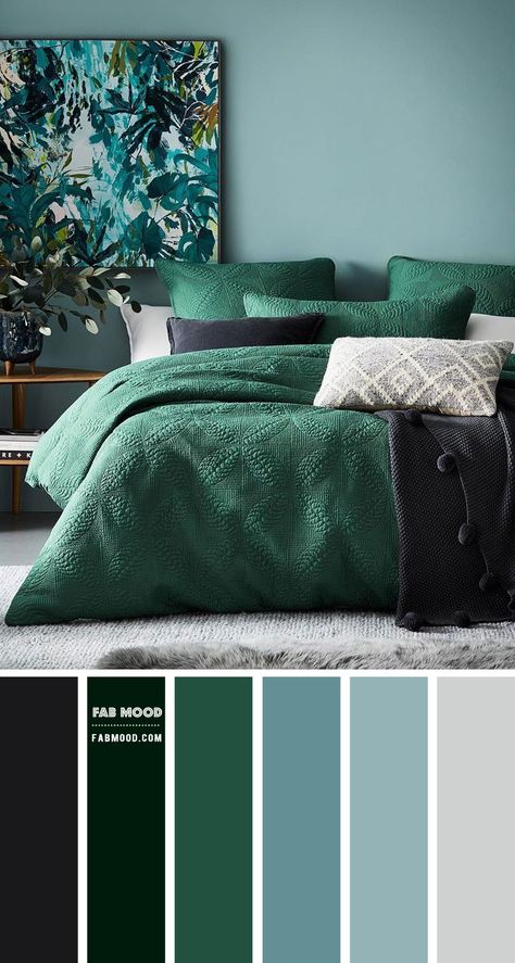 green bedroom, green color scheme for bedroom, green and grey bedroom #bedroomcolor #bedroom Green Bedroom Emerald, Teal And Green Bedroom Ideas, Blue Green Bedrooms Ideas, Blue Green And Grey Bedroom, Grey Dark Green Bedroom, Bedroom Inspirations Blue And Green, Green And Blue Guest Bedroom, Blue Green Grey Color Palette Bedroom, Green Blue Grey Bedroom