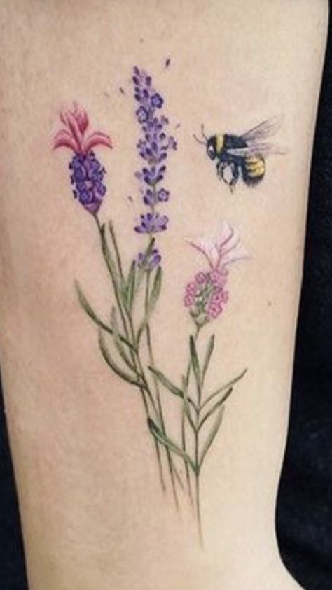 Heather And Bee Tattoo, Lavender Tulip Tattoo, Wildflowers Tattoos, Flower And Bee Tattoo, Woodland Tattoo, Bee And Flower Tattoo, Mountain Tattoos, Wrist Band Tattoo, Tiny Flower Tattoos