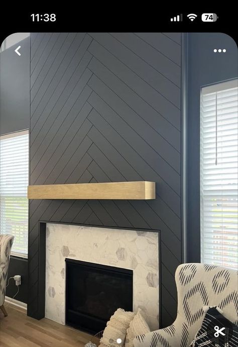 DFW Construction Needs | Need someone that can do shiplap like this, i get multiple jobs doing fireplaces where i need a great trim carpenter | Facebook Shiplap Fireplace Flush With Wall, Fireplace Stone Bottom Shiplap Top, Black Shiplap Fireplace Wall, Chevron Shiplap Fireplace, Stone And Black Shiplap Fireplace, Diagonal Shiplap Fireplace, Chevron Fireplace Wall Shiplap, Black Diagonal Shiplap Wall, Black Shiplap Fireplace