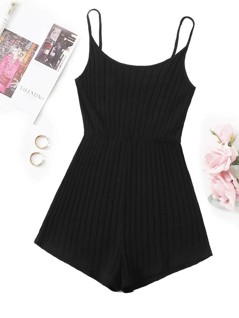 Plus Rib-knit Cami Romper | SHEIN USA Cami Romper, Sleepwear Fashion, Body Outfit, All Black Outfit, Korea Fashion, Cute Simple Outfits, Basic Outfits, Western Outfits, Rompers Women