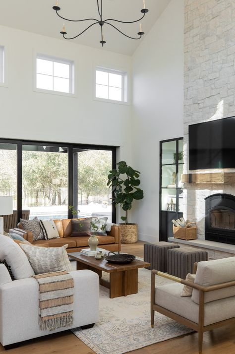 Open Bright Living Room, Great Room Design Farmhouse, White Couch And Leather Couch, California Transitional Living Room, Light Living Room Black Accents, Eating Nook In Living Room, Very Modern Living Room, Living Room Two Different Couches, Mcgee And Co Great Room