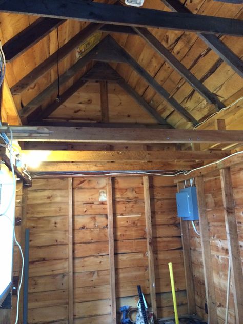 bunkhouse shed - original tool shed interior during construction - Atticmag Bunkhouse Ideas Guest Cabin, Maine Lake House, Bunkhouse Ideas, Shed With Loft, Guest Quarters, Lake Camp, Camp House, Shed Construction, Shed Interior