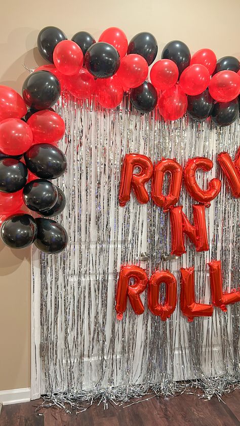 80s Rock Themed Party, Rock And Roll Party Decorations Ideas, Rock And Roll Homecoming Theme, Rock Theme Party Decoration, Rock And Roll Birthday Theme, Rock And Roll Bachelorette Party Theme, Rock N Roll Party Ideas Decor, Pop Punk Party, Rock Theme Party Outfit