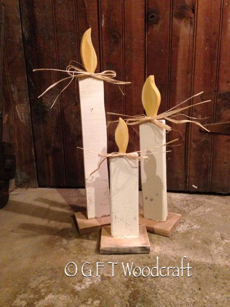 Wood Christmas Candles - Rustic White Candles    Simple rustic primitive wooden candles.    Display on TableTop, Mantle or Porch.    Made with Wood Christmas Decorations, Rustic Christmas Decor, Christmas Tree Set, Holiday Ribbon, Rustic Candles, Christmas Wood Crafts, Wooden Candles, Holiday Candles, Wood Christmas