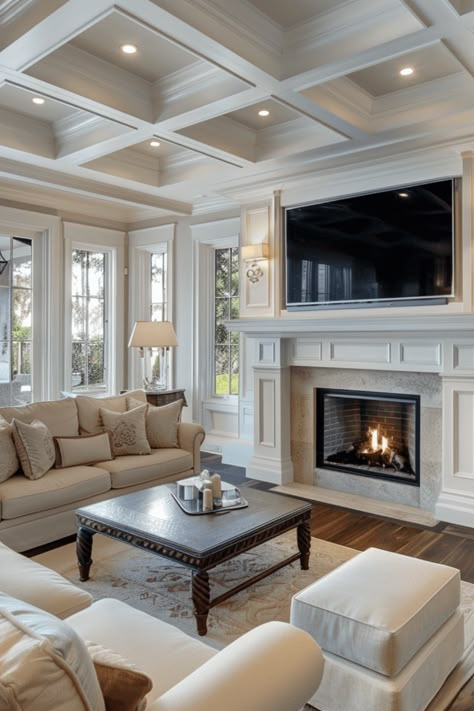 Over 30 unique ways to mount your TV over the fireplace. From minimalistic setups to creative hacks, our guide will inspire you to think outside the box. Find more at livingletterhome.com! White Coffered Ceiling Family Rooms, Living Room Dining Room Combo With Fireplace, Living Room With Tv Above Fireplace, Den Living Room Ideas, Closed Concept Living Room, Living Room With Fireplace And Tv, American Living Room Design, Tv Above The Fireplace, Costal Farmhouse