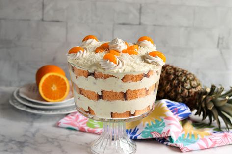 Tropical Trifle Tropical Trifle, Coconut Recipes Dessert, Fresh Peach Cobbler, Southern Peach Cobbler, Coconut Desserts, Just A Pinch Recipes, Layered Desserts, Easy Summer Meals, Summer Dessert Recipes