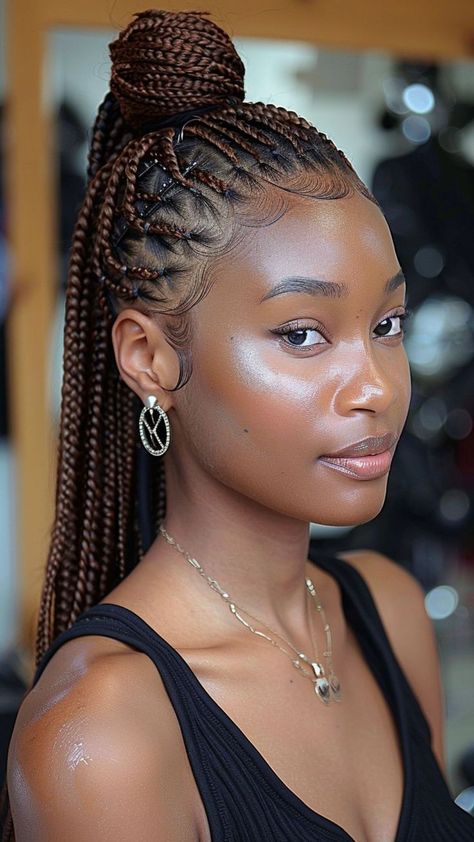 cute hairstyles for medium hair updos To Style Braids, Protective Style Braids Cornrows, Knotless Braids Updo Styles, Knotless Braids In Ponytail, Hair Styles Braids Easy, Easy Braids Hairstyles For Black Women, How To Style Braids Hairstyles, Braids Hair Styles For Black Women, Half Up Half Down Hairstyles Braids