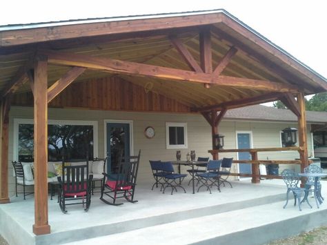 Canyon Lake porch Back Porch Add On Ideas, Doublewide Porch Ideas Patio, Post And Beam Pergola, Porch Overhang Ideas Patio, Vaulted Patio Cover, A Frame Patio Cover, Back Porch Awning, Covered Front Porch Ideas Decor, Porch Roofs