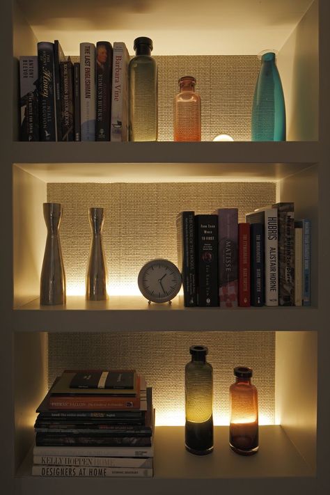 Light Shelves, Alcove Lighting, Led Shelf Lighting, Alcove Ideas Living Room, Alcove Shelves, Alcove Storage, Alcove Shelving, Bookshelf Lighting, Bookcase Lighting