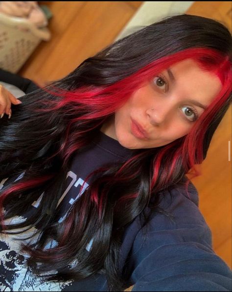 Red Money Piece Hair With Bangs, Black With Red Money Piece Hair, Black Hair With Red Money Piece, Red Money Piece Hair, Red Hair Underneath, Halo Hair Colors, Black And Red Hair, Bright Red Hair Color, Two Color Hair