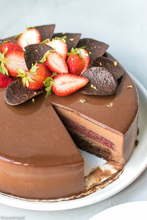 Chocolate Mirror Glaze Recipe Chocolate Mirror Glaze Recipe, Mirror Glaze Recipe, Triple Chocolate Mousse, Strawberry Mousse Cake, Chocolate Mirror Glaze, Triple Chocolate Mousse Cake, Mirror Glaze Cake Recipes, Mirror Glaze Cake, Mirror Cake