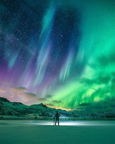 Spectacular light show of northern lights in Norway  Its truly a unique experience  Tag a friend who needs to take you here to see Aurora Borealis  Photo by: @igoalstories Northern Lights Scotland, Alaska Northern Lights, Norway Winter, Milky Way Photography, Lofoten Norway, Northern Lights Norway, Night Sky Photography, Aurora Borealis Northern Lights, Beauty Places