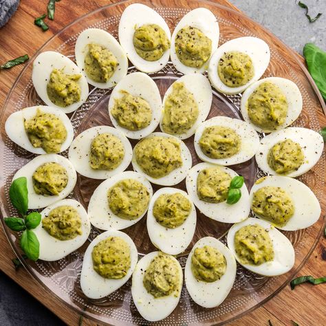 Pesto Deviled Eggs Recipe, Pesto Deviled Eggs, Recipes Using Pesto, Homemade Pesto Recipe, Pesto Eggs, Toast Avocado, Pesto Potatoes, Twice Baked Sweet Potatoes, Best Deviled Eggs