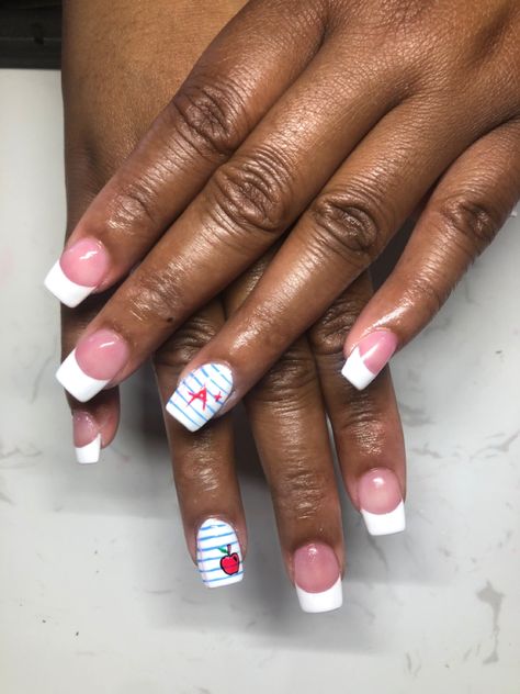 Preschool Teacher Nails Designs, Math Teacher Nails, Back To School French Tip Nails, School Theme Nails, School Inspired Nails, Crayon Nails Designs, Back To School Dip Nails, Teacher Nails Designs Back To School, School Themed Nails