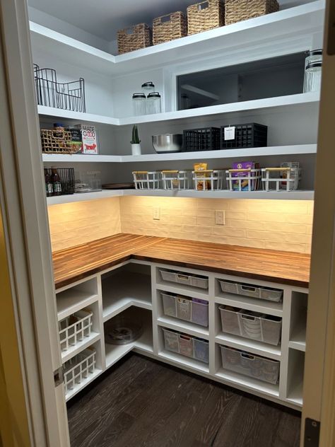 Small Walk In Pantry Renovation, Large Corner Pantry Walk In, Small Pantry Coffee Bar, Pantry Spacing, Small Built In Pantry, Pantry With Cabinets And Counter, Coffee Bar In Pantry, Diy Walk In Pantry, Small Corner Pantry Ideas