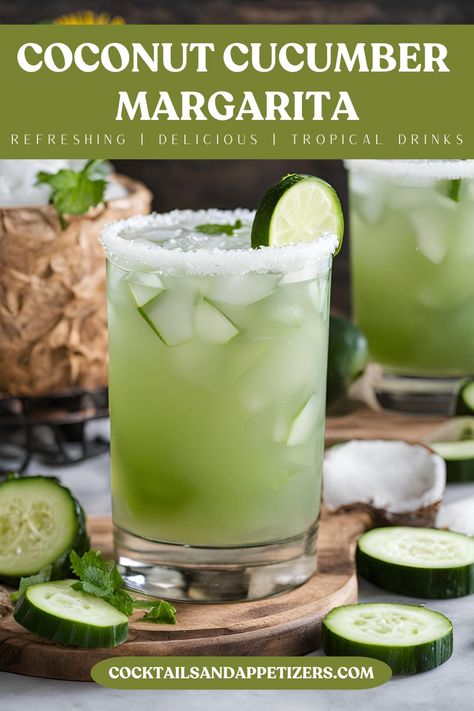 This fresh Cucumber margarita with coconut makes for a refreshing cocktail perfect for Spring drinks or summer cocktails. Tajin, cucumber slices, mint, tequila, agave come together for these fun margaritas! Make by the glass or as a pitcher margarita recipe for a crowd! Best Tequila For Margaritas, Fun Margaritas, Agave Cocktails, Cucumber Vodka Drinks, Pitcher Margarita Recipe, Tequila Cocktail Recipes, Summer Margaritas, Spring Drinks, Cocktail Recipes Tequila