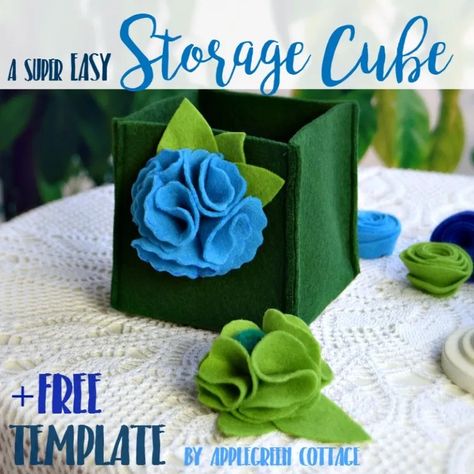 felt storage box Felt Basket Diy, Felt Flower Tutorial, Felt Basket, Felt Storage, Basket Diy, Sewing Templates, Storage Cube, Beginner Sewing, Beginner Sewing Projects Easy