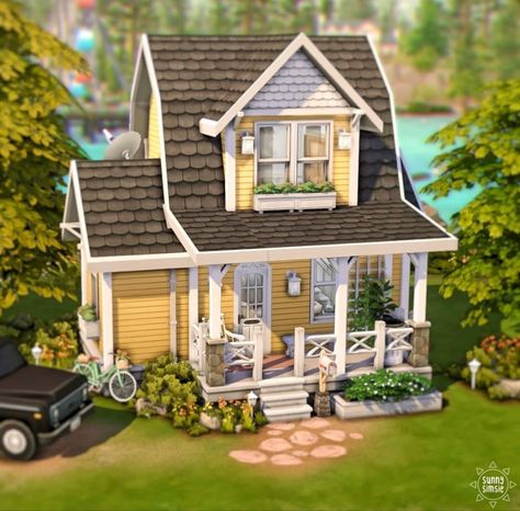 Sims 4 House Inspiration Exterior, Sims 4 New Crest Ideas, Sims 4 Tiny House Inspiration, New Crest Sims 4 Ideas, Sims 4 Cottage House Plans, Sims 4 Tiny House Exterior, Sims 4 Town Houses, Sims 4 Floorplan 20x15, Sims Cottage House