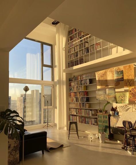 Nyc Apartment Library, Apartment Library Aesthetic, Quit Life Aesthetic, Tokyo Apartment Aesthetic Interior, Fashion Designer Apartment, Homy Houses, Appartment Designs Exterior, Cozy Podcast Setup, Big Window Apartment