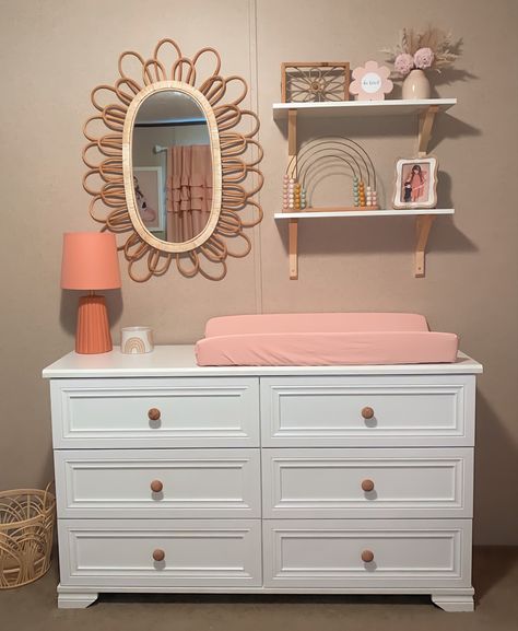 Babygirl Nursery Decor, Girl Nursery Shelf Decor, Peach Boho Nursery, Nursery Dresser Mirror, Pink Dresser Nursery, Blush Pink Nursery Ideas, Toddler Dresser Decor, Girly Nursery Ideas Pink, Small Nursery Ideas Neutral