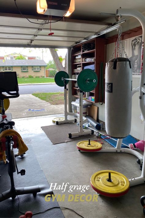 "Turn half your garage into a home fitness dream! 🏋️‍♂️ This simple setup with weights, a punching bag, and spin bike proves you don't need tons of space to crush your fitness goals. Perfect for quick, effective workouts steps away from your door! #HalfGarageGym #HomeWorkout #FitnessGoals 💪"Half Garage Gym (primary keyword) Garage Gym Setup Home Gym Ideas Small Space Workout Garage Workout Room DIY Gym Space Home Fitness Area Budget Home Gym Compact Gym Setup  Weight Rack Setup Garage To Gym Makeover, Small Garage Gym Ideas Layout, At Home Gym Ideas Garage, Gym In Garage, Gym Garage Ideas, Home Gym Ideas Garage, Small Space Workout, At Home Gym Room Small Spaces, Garage Gym Ideas Layout