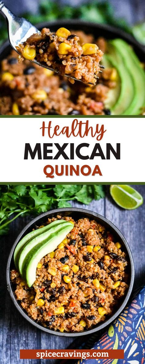 Healthy, filling and so easy to make, this Mexican Quinoa is a delicious one-pot meal. Quinoa, beans, corn, and crunchy peppers are cooked with Mexican spices in just 30-minutes in the Instant Pot. This vegan and gluten-free dish is perfect for school lunches, picnics and potlucks too. This Mexican Quinoa bowl is one of my go-to recipes for mid-week lunches and potlucks. Easy Mexican Quinoa, Quinoa Recipes Spicy, Mexican Quinoa Instant Pot, Quinoa Recipes Mexican, Mexican Quinoa Recipes, One Pot Mexican Quinoa, Mexican Quinoa Bowl, Texmex Recipes, Recipes Using Beans