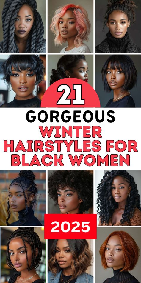 Discover 21 winter hairstyles for Black women for 2024-2025, designed to keep you looking stylish and protected through the colder months. From stunning braids to show off your creativity, to chic wigs that offer versatility and ease, these looks are perfect for any occasion. These ideas are all about embracing your natural curls, fall-ready braids, and flawless weave options for a polished winter look. 2024 Black Women Hairstyles, Winter Hairstyles Black Women, 2024 Hair Trends For Black Women, Fall Hair Styles Black Women, Beautiful Hairstyles For Black Women, Hair Ideas Black Women, Fall Braids Black Women, New Hairstyles For 2024, Winter Braids For Black Women