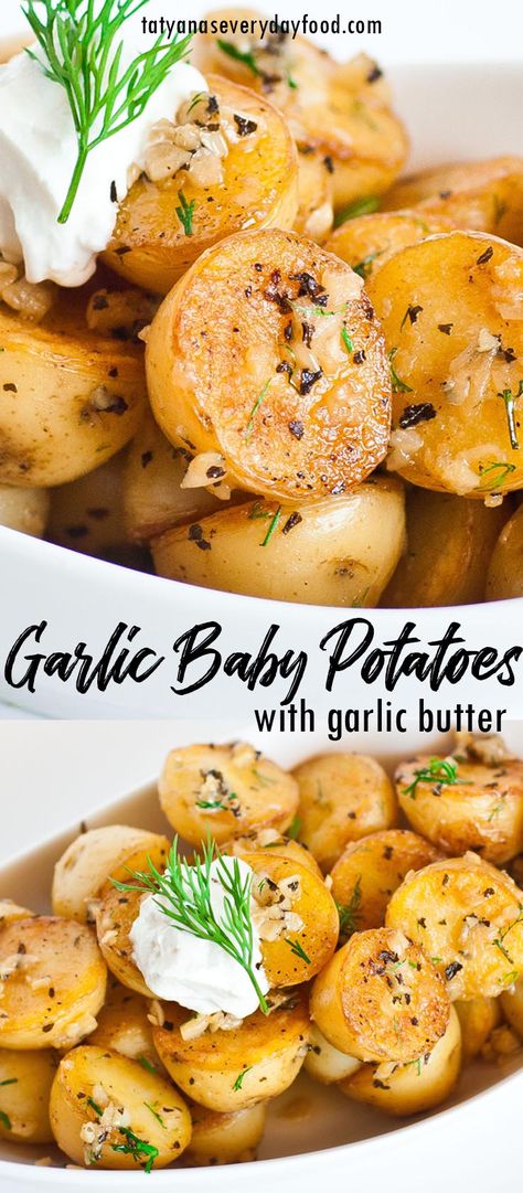 Pan-Seared Garlic Baby Potatoes (video) - Tatyanas Everyday Food Pan Seared Potatoes, Garlic Baby Potatoes, Baby Gold Potatoes, Baby Potato Recipes, Cauliflower Chowder, Main Recipes, Bacon Cauliflower, Cooking Tricks, Daycare Menu