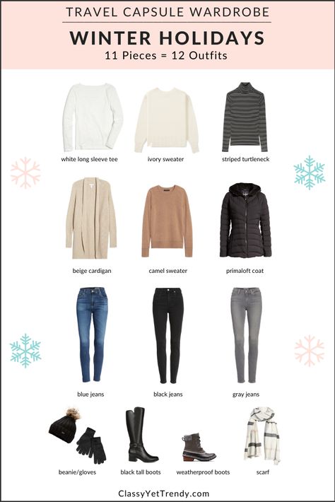 Winter Holidays Travel Capsule Wardrobe - Carry 11 Clothes & Shoes and Get 12 Outfits!  Shop the capsule with  the “Shop My Instagram” link in my Instagram page or here -> https://classyyettrendy.com/instagram-shop #capsulewardrobe #capsulewardrobeblogger #wardrobecapsule #dressbetterwithless #closetgoals #lessismore #lessclothes #leancloset #capsulecloset @shopstyle #shopstyle #winterstyle #winterfashion #everydaystyle #casuallook @shopstylecollective #ootdinspo #ootdinspiration #holidaysoutfit Travel Light Capsule Wardrobe, 10x10 Capsule Wardrobe Fall, Carry On Capsule Wardrobe Winter, Alaska September Outfit, Winter Capsule Wardrobe 2022, Winter Capsule Wardrobe Travel, Winter Travel Wardrobe, Winter Travel Packing, Capsule Wardrobe Winter