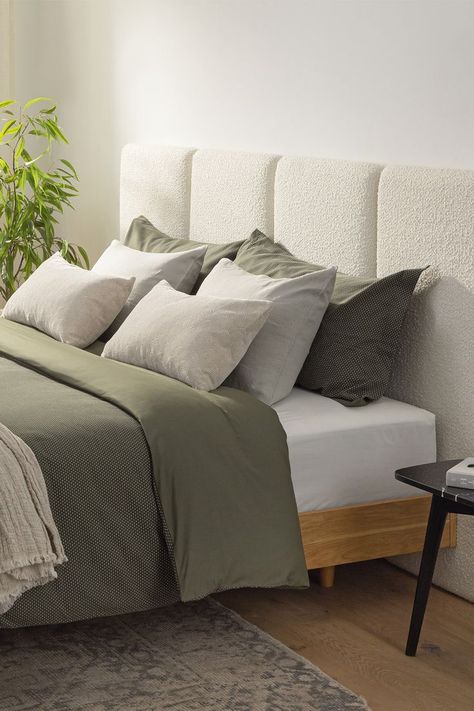 Can we let you in on a secret? Your current bed is actually your new bed. Allow us to explain: our Noel Headboards are super easy to install behind your current frame and elevate your bed to a whole new slumber situation. #Headboard #BedroomDesign #BedroomInspo White Bed Headboard Ideas, Bed With Short Headboard, Bed Ideas With Headboard, Bed Headboard Ideas Fabric, Soft Headboard Ideas, Padded Headboards For Beds, Boucle Headboard Bedroom, Upholstered Bed Frame Ideas, Sherpa Headboard