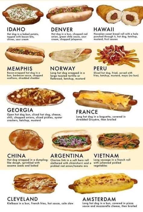 Different Types Of Food, Gourmet Hot Dogs, Hot Dog Recipes, Dog Recipes, Food Facts, Food Trucks, Types Of Food, Food Guide, Flan