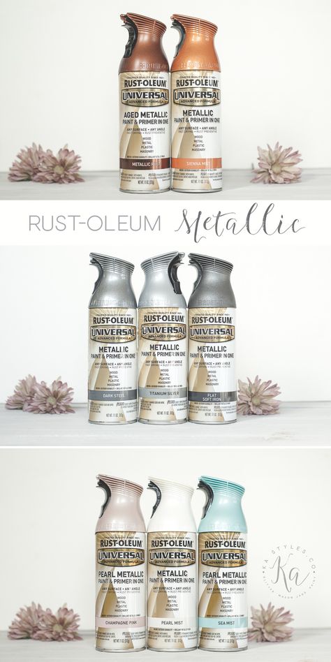 Rust-Oleum Metallic Spray Paints - Sprinkled and Painted at KA Styles.co Pearl Spray Paint, Rust Oleum Spray Paint Colors, Metallic Spray Paint Colors, Retirement Crafts, Spray Painting Wood Furniture, Painting Items, Rustoleum Metallic, Spray Paint Furniture, Silver Spray Paint