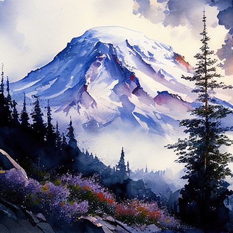 Mt. Rainier With Wildflowers Mt Rainier Painting, Mount Rainier Painting, Mt Rainier Tattoo, Chalet Wedding, Wildflowers Watercolor, Mountain Watercolor, Unicorn Farts, Washington Art, Pacific Northwest Art