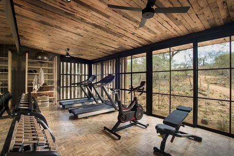 The gym Forest Gym, Door Gym, Bush Camp, Sunroom Remodel, Garage Gyms, Nature Luxury, Luxury Safari Lodge, Luxury Gym, African Luxury