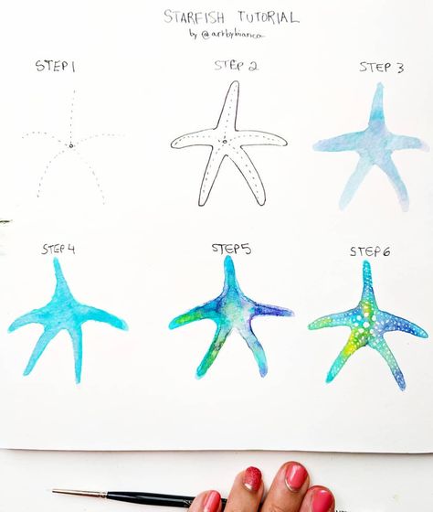 TUTORIAL! Today I am sharing a step by step of a starfish with you guys! Hope you like it. If you try this technique tag… Starfish Drawing, Step By Step Watercolor, Watercolor Water, Painting Canvases, Watercolor Paintings Easy, Gcse Art, Step By Step Painting, Art Instructions, Watercolor Inspiration