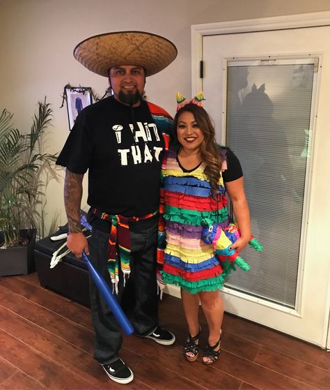 Halloween couples costume . Piñata and El Boracho with "I hit that" shirt. Pinata Costume Couple, Diy Pinata Costume For Women, Mexican Halloween Costume Couple, Mexican Couple Costume Ideas, Funny Couple Halloween Costumes 2023, Hispanic Halloween Costumes, Pinata Halloween Costume, Pinata Halloween, Mexican Halloween Costume