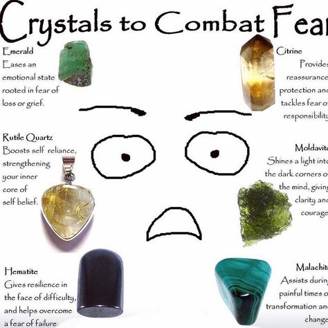 #Crystals to combat fear. #moldavite #malachite #citrine #emerald #hemetite #rutilatedquartz Crystal Tips, Gemstones Chart, Overcome Fear, Crystal Guide, Spiritual Crystals, Types Of Crystals, Gemstone Meanings, Crystal Therapy, Witchy Stuff