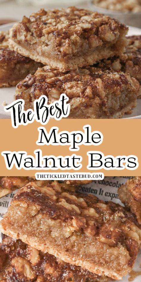 WALNUT MAPLE BARS Walnut Recipes Dessert, Maple Dessert Recipes, Maple Bars Recipe, Walnut Dessert, Maple Desserts, Maple Bars, Maple Recipes, 3 Ingredient Desserts, Sweets Bar