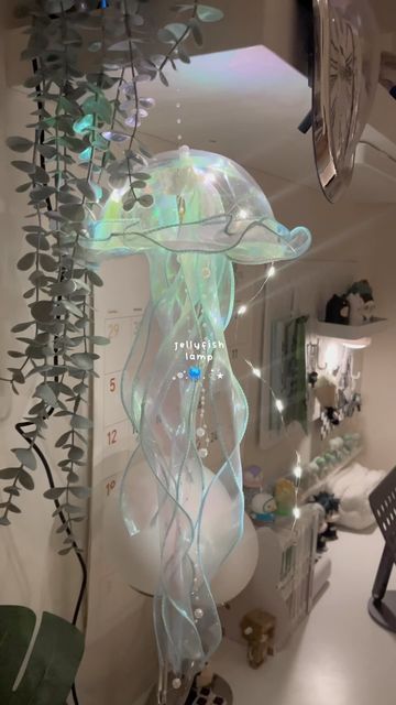 Jellyfish Bed Canopy, Jellyfish Hanging Lights, Cool Things For Room Decor, Jelly Fish Room Decoration, Jellyfish Interior Design, Ocean Aesthetic Decorations, Ceiling Jellyfish, Room Decor Jellyfish, Jellyfish Bathroom Decor